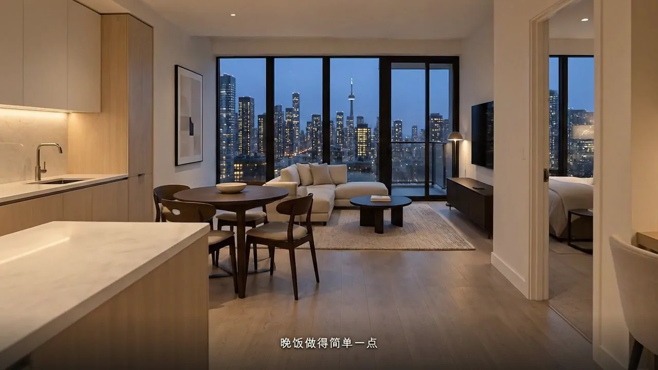After Hours — a frame from the film: the kitchen, the dining table and the living room, with the city outside