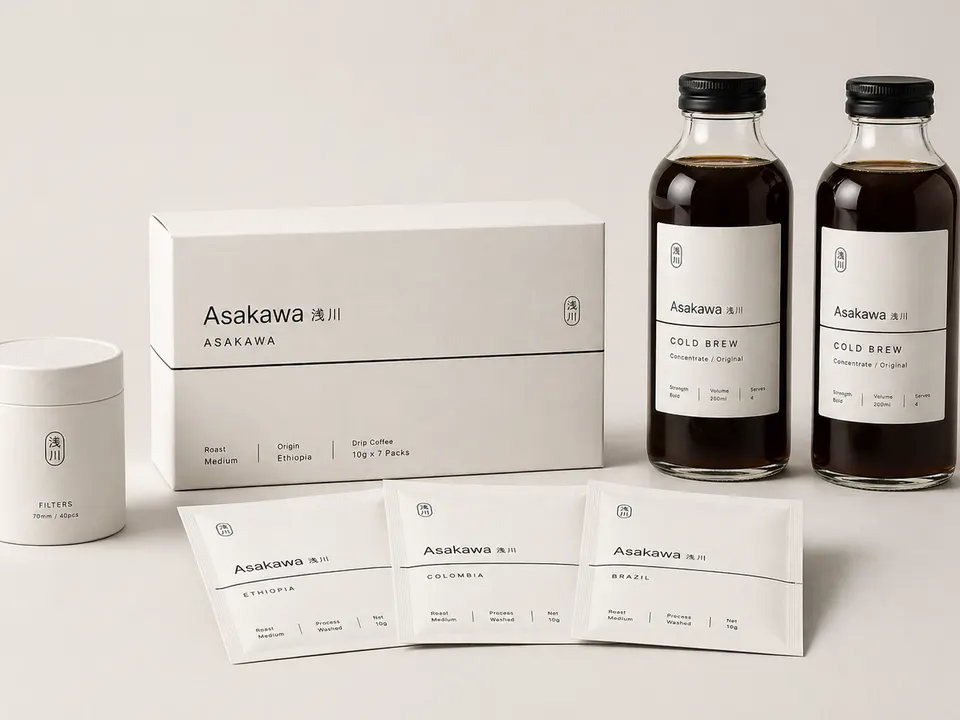 Inside the Asakawa gift box — seven single-origin drip coffee packs