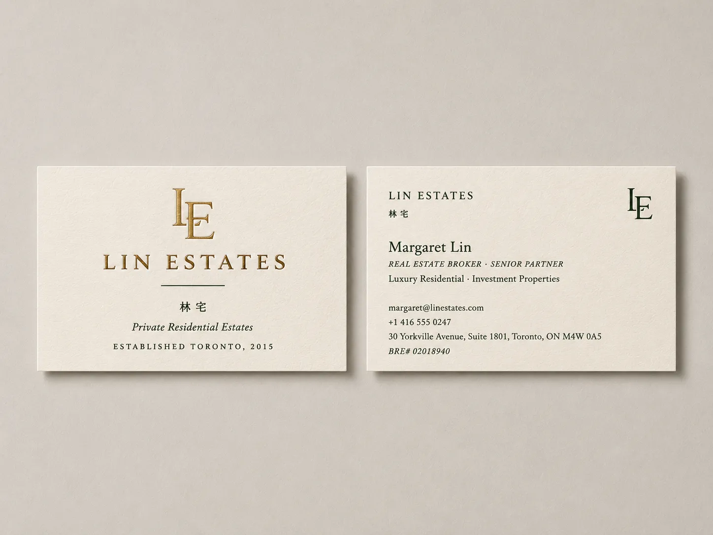 Lin Estates business card front and back — Senior Partner Margaret Lin