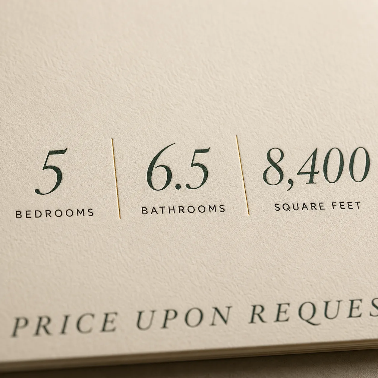 Listing sheet specification detail — gold rules and serif figures