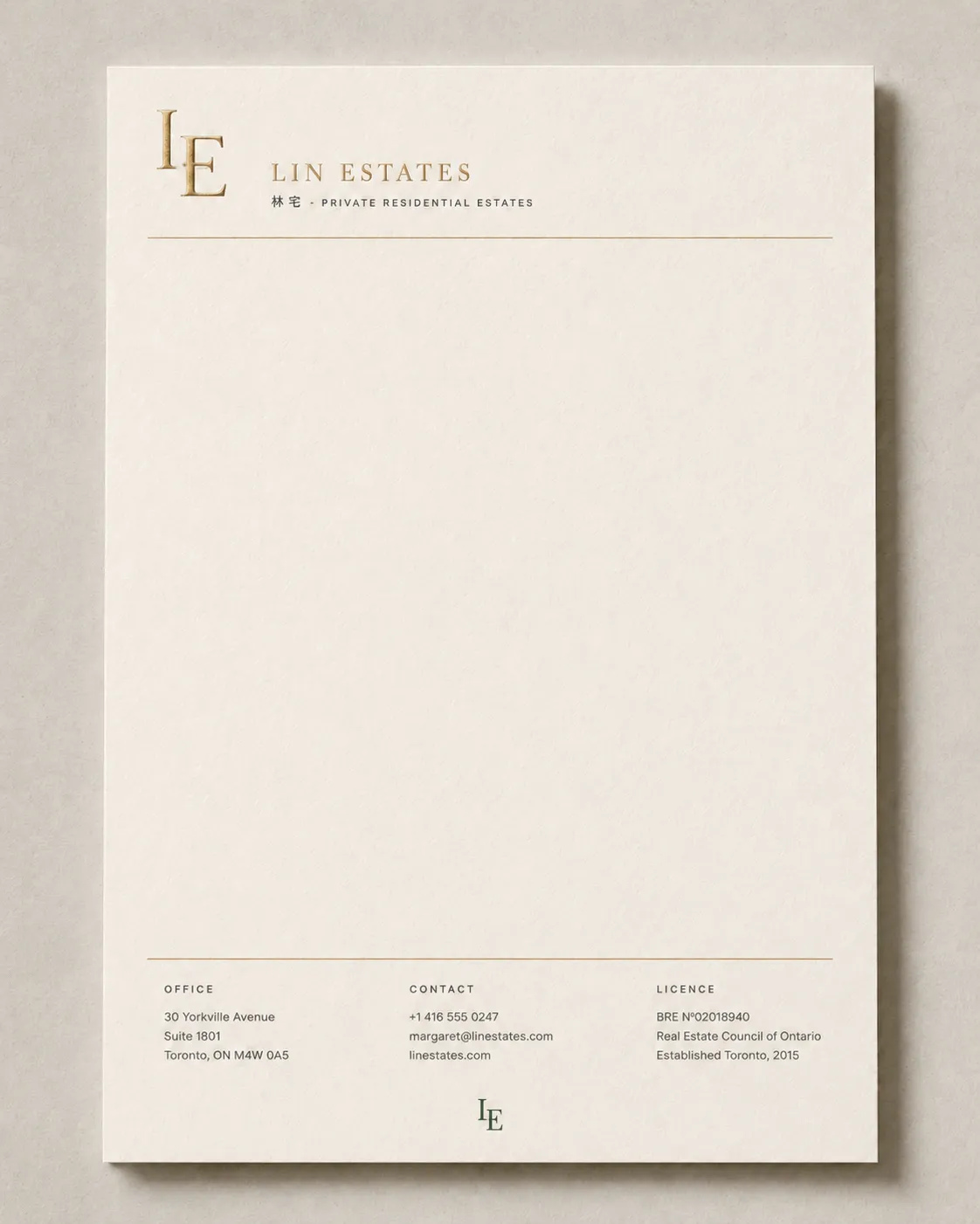 Lin Estates letterhead — cream cotton stock with monogram and contact details