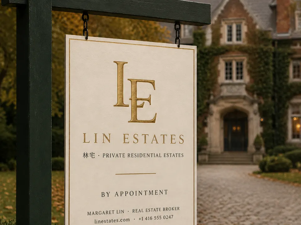 Lin Estates exterior listing sign — wood-frame plaque at the gate of a private residence
