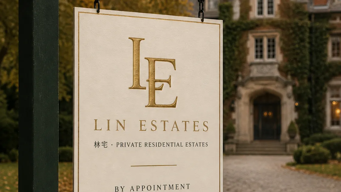Lin Estates exterior listing sign — wood-frame plaque at the gate of a private residence