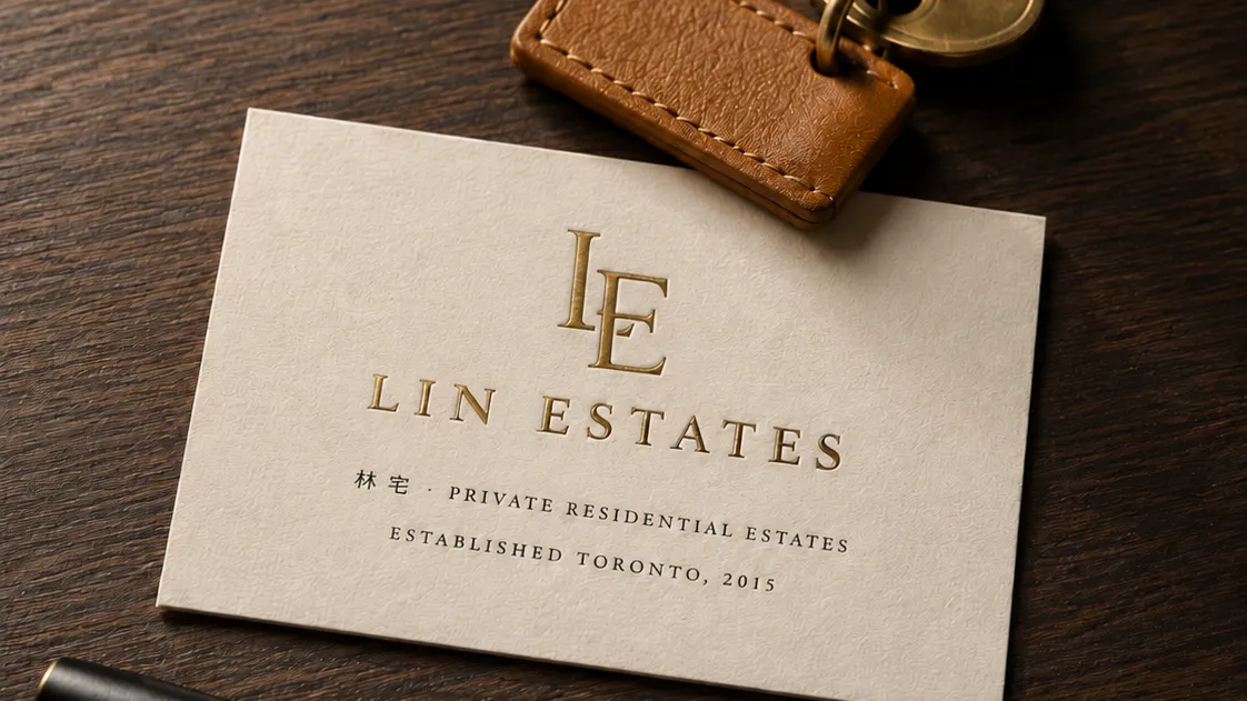 Lin Estates business card on a dark wood desk beside a brass key and fountain pen