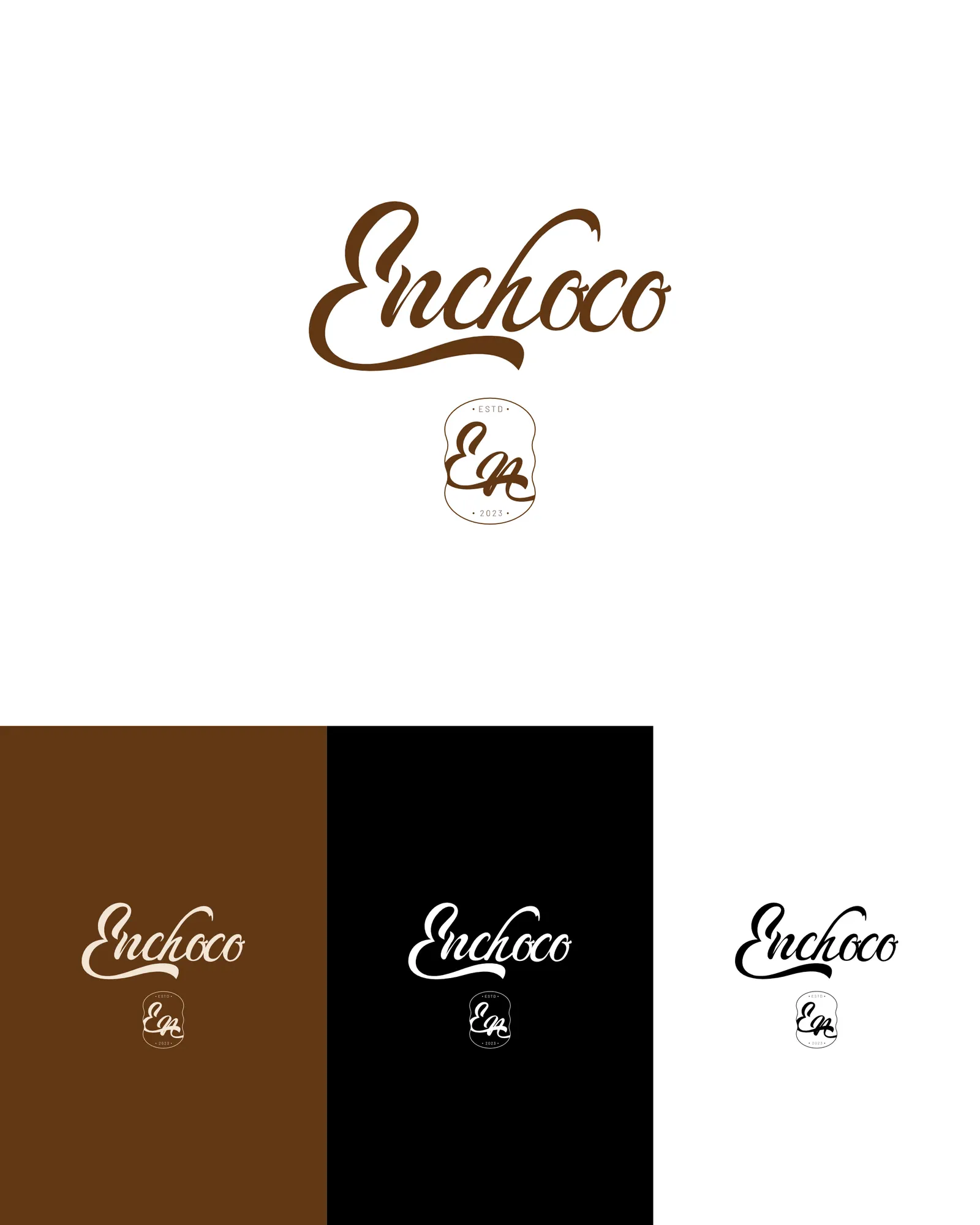 Logo studies — Enchoco, a chocolate brand: the logo, and its versions on colour, black and white
