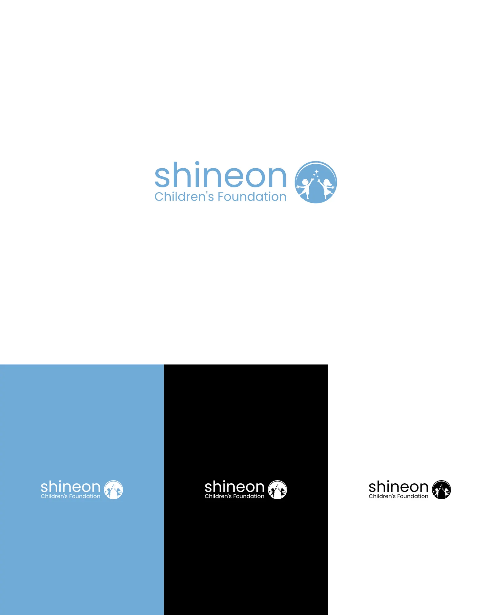 Logo studies — Shineon, a children’s foundation: the logo, and its versions on colour, black and white