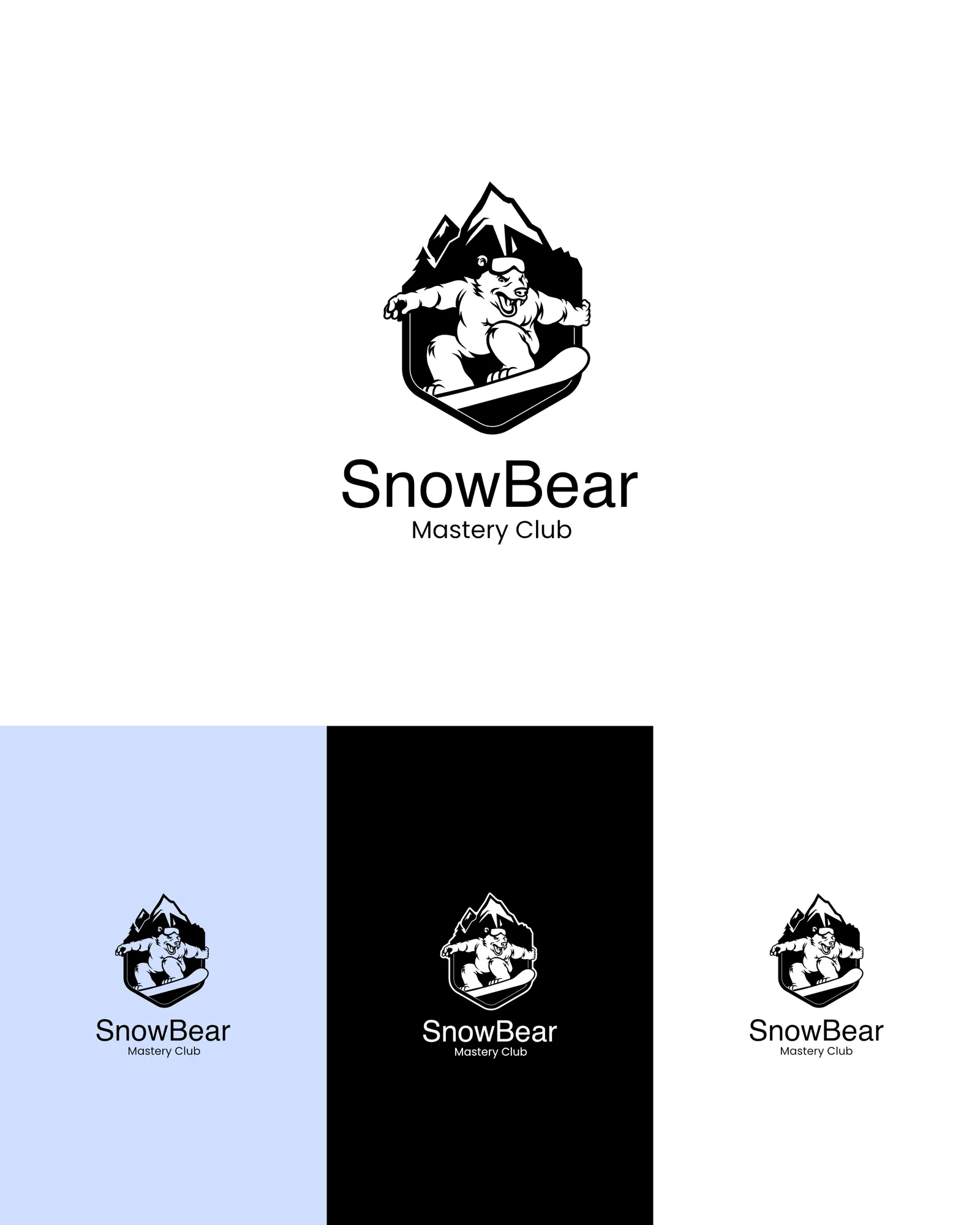 Logo studies — SnowBear, a snowboarding club: the logo, and its versions on colour, black and white