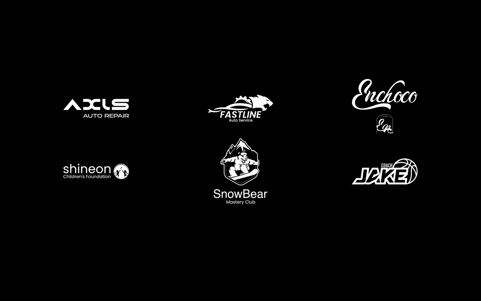 Logo studies — the six logos in white on black