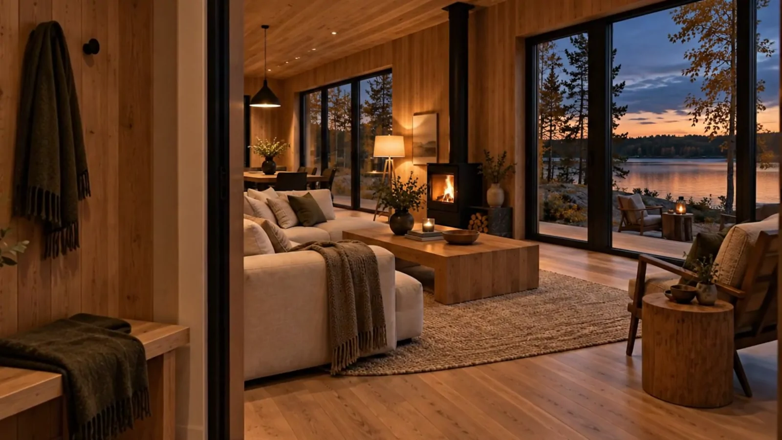 A Night by the Lake — a frame from the film: the living room at dusk, with the fire lit