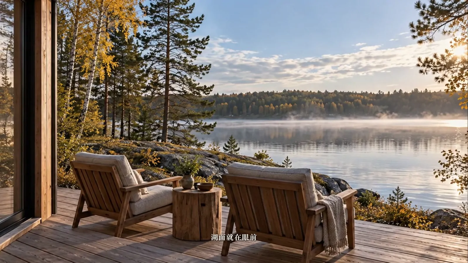 A Night by the Lake — a frame from the film: two chairs on the deck, facing the lake