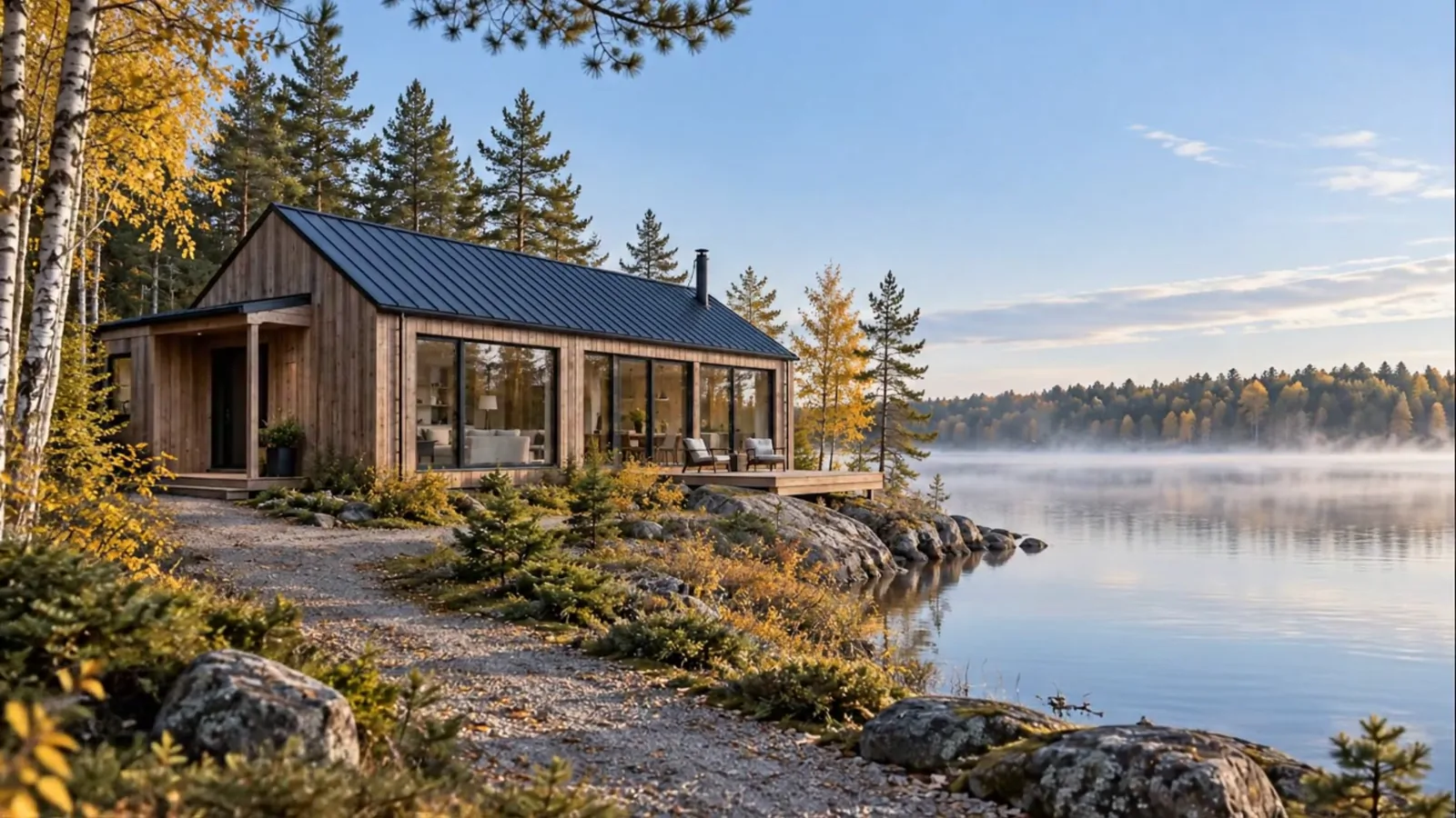 A Night by the Lake — a frame from the film: the cabin by the water in the morning