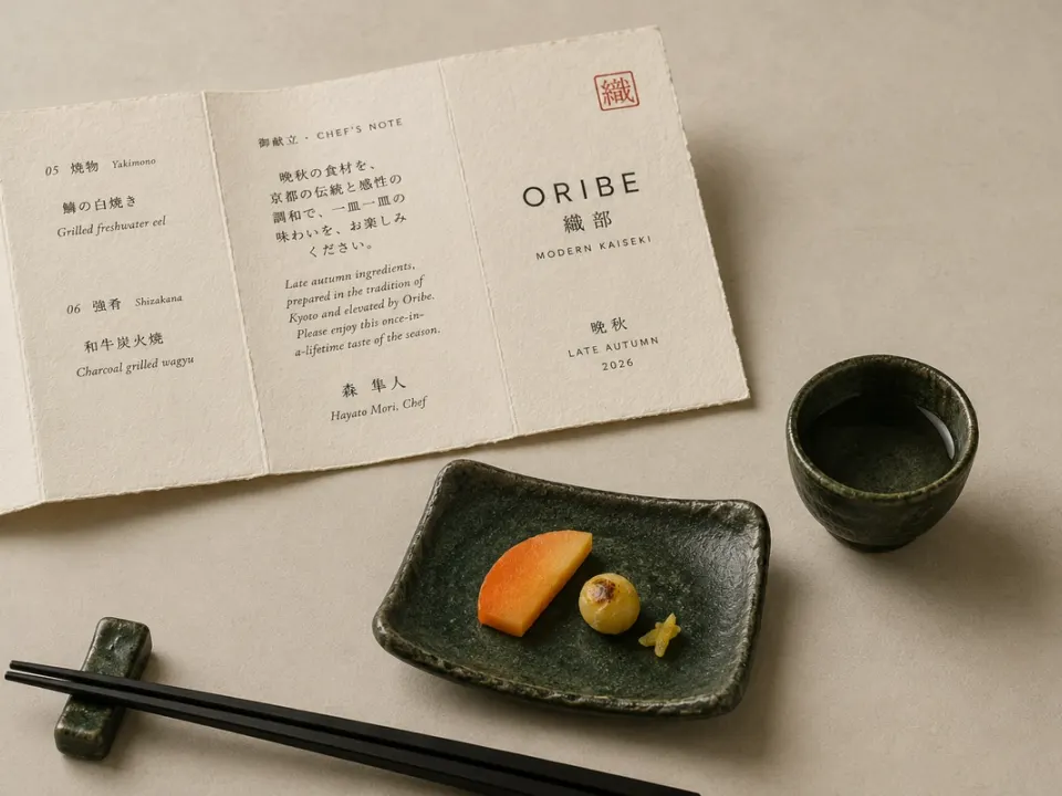 Oribe fold-out menu beside an Oribe-ware ceramic dish — late-autumn kaiseki by Chef Hayato Mori