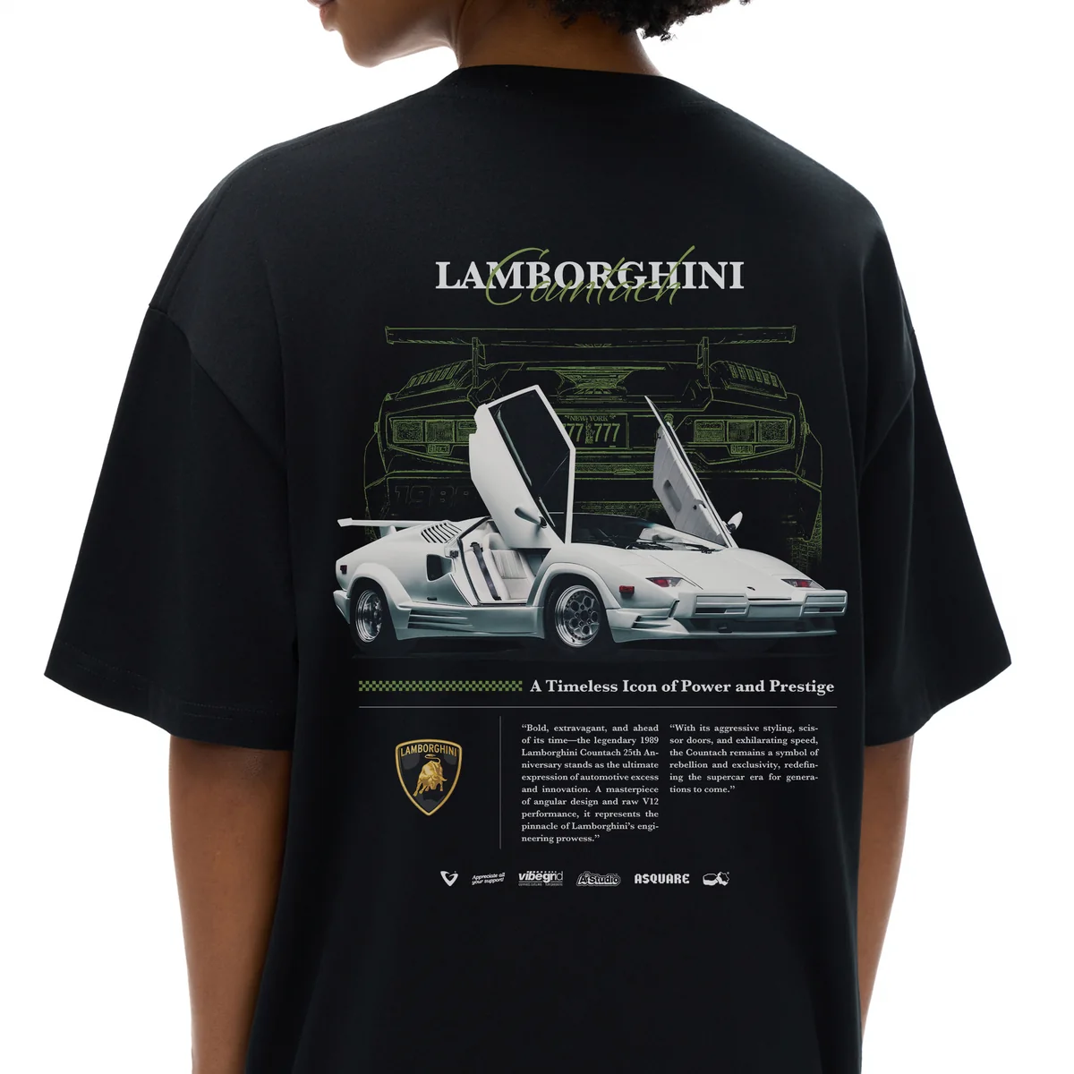 Vibegrid — a black T-shirt from behind, with a graphic of a white sports car, its doors raised