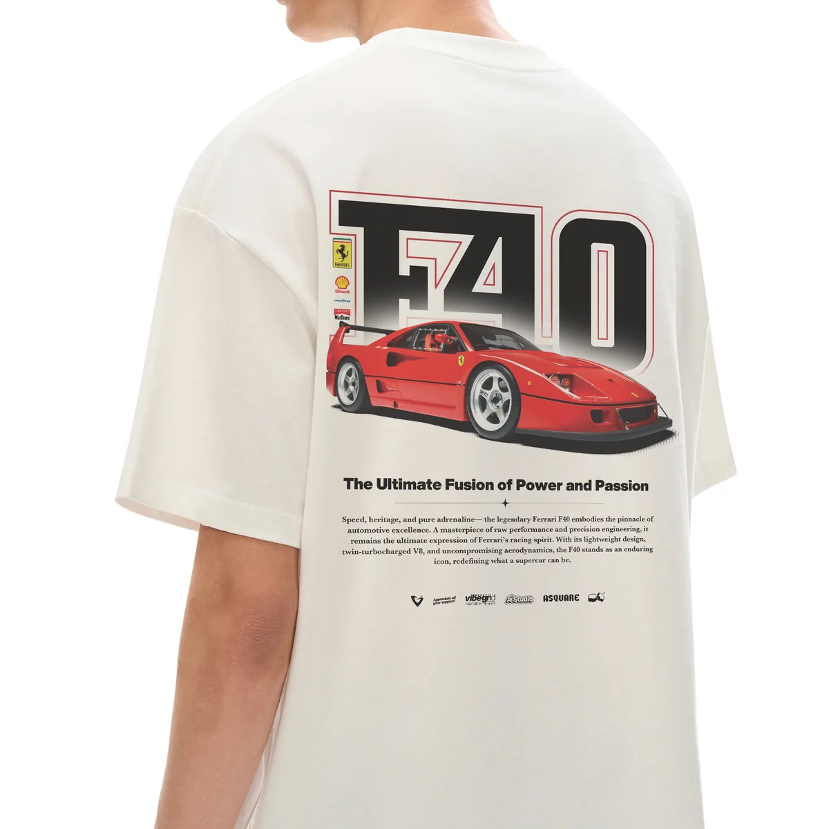 Vibegrid — a cream T-shirt from behind, with a graphic of a red sports car