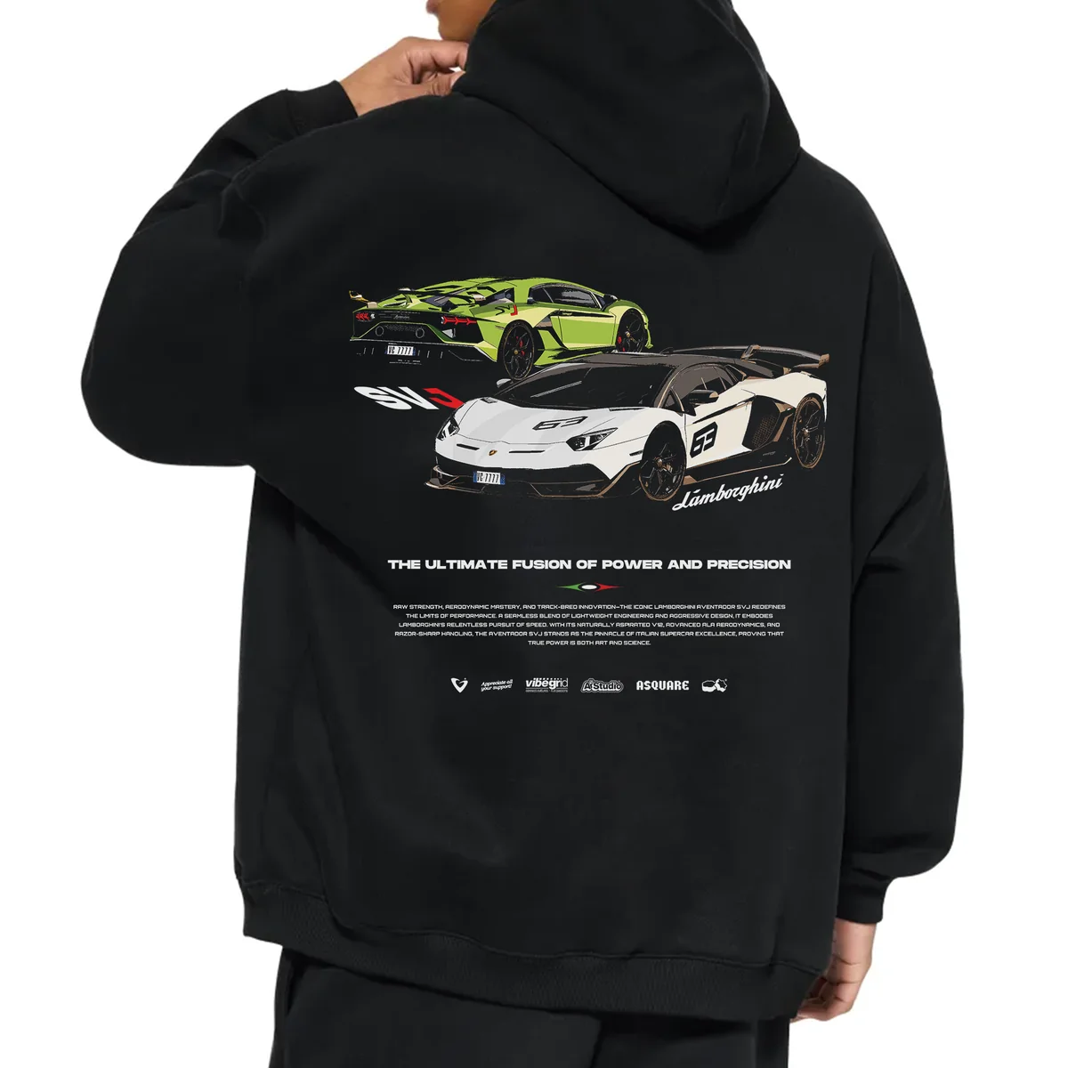 Vibegrid — a black hoodie from behind, with a graphic of two sports cars, one green and one white