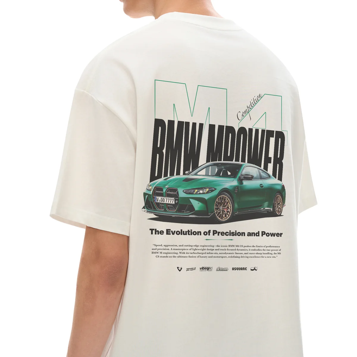 Vibegrid — a cream T-shirt from behind, with a graphic of a green coupé
