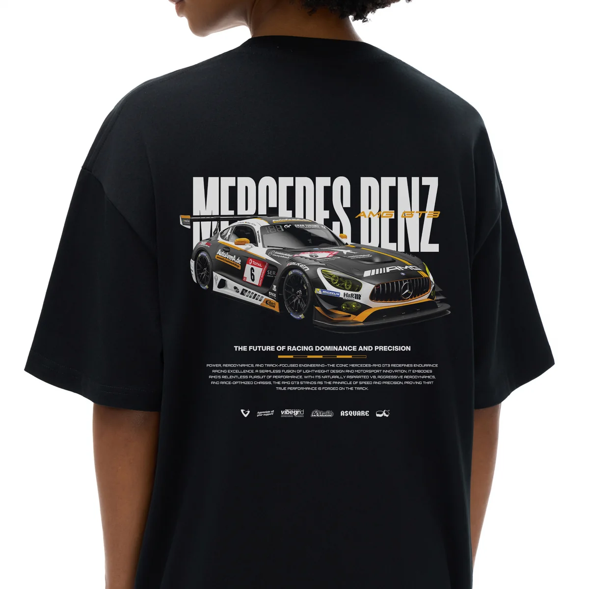 Vibegrid — a black T-shirt from behind, with a graphic of a grey racing car