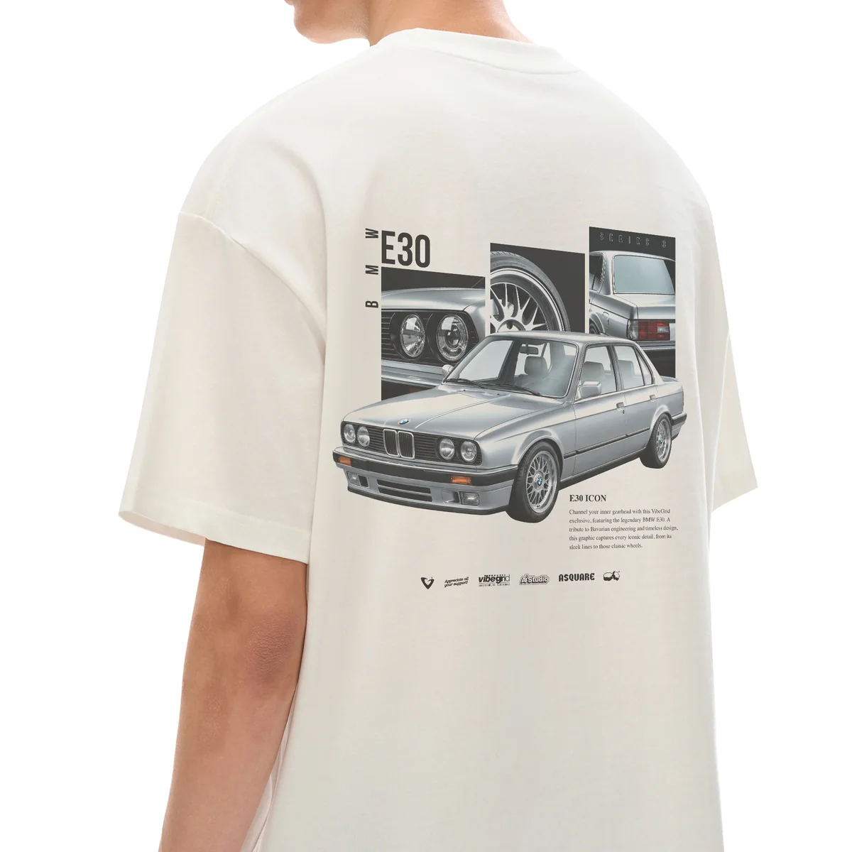Vibegrid — a cream T-shirt from behind, with a graphic of a silver saloon car