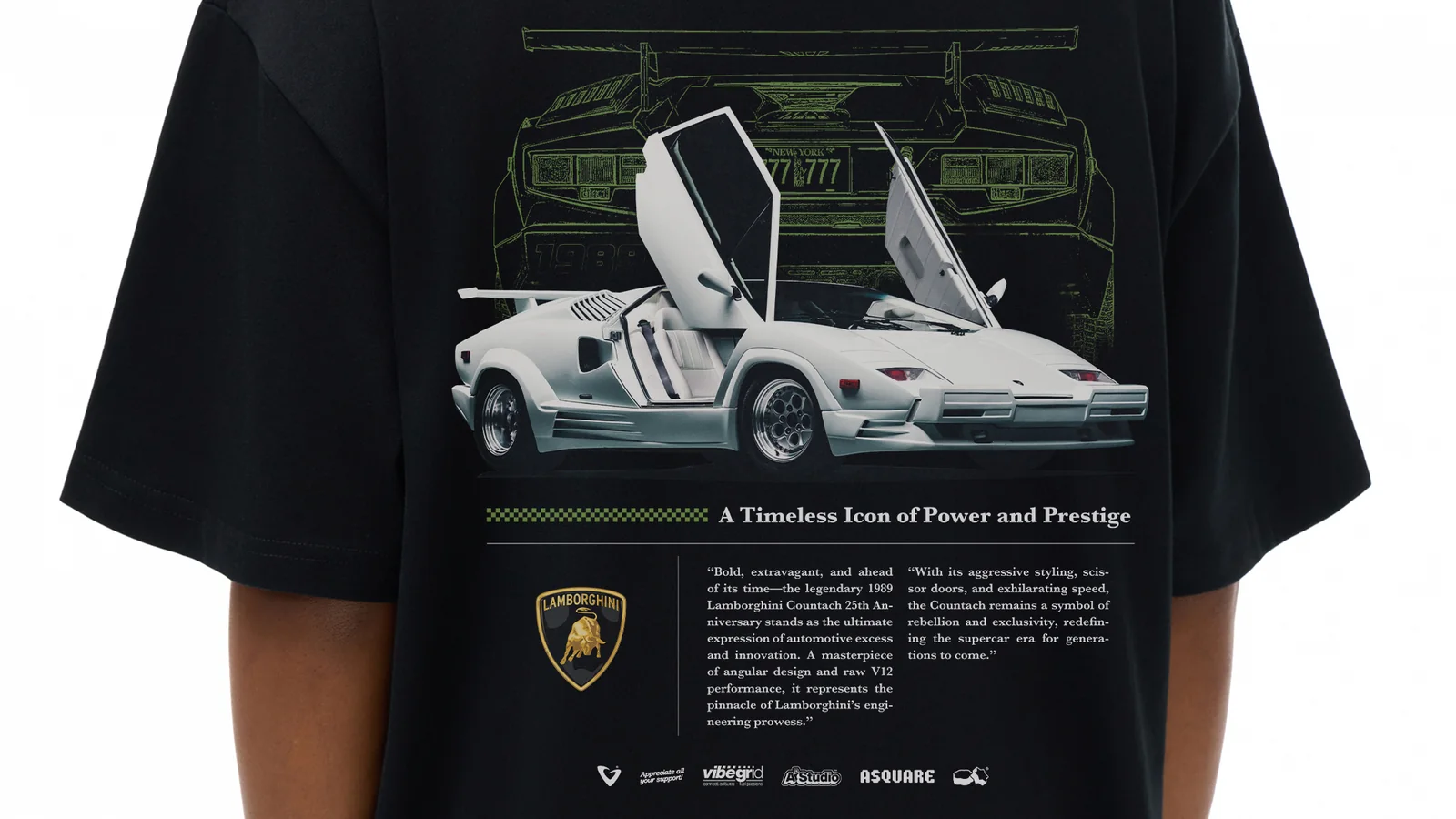 Vibegrid — the back of the shop’s best-selling T-shirt, black, with a car graphic set like a poster