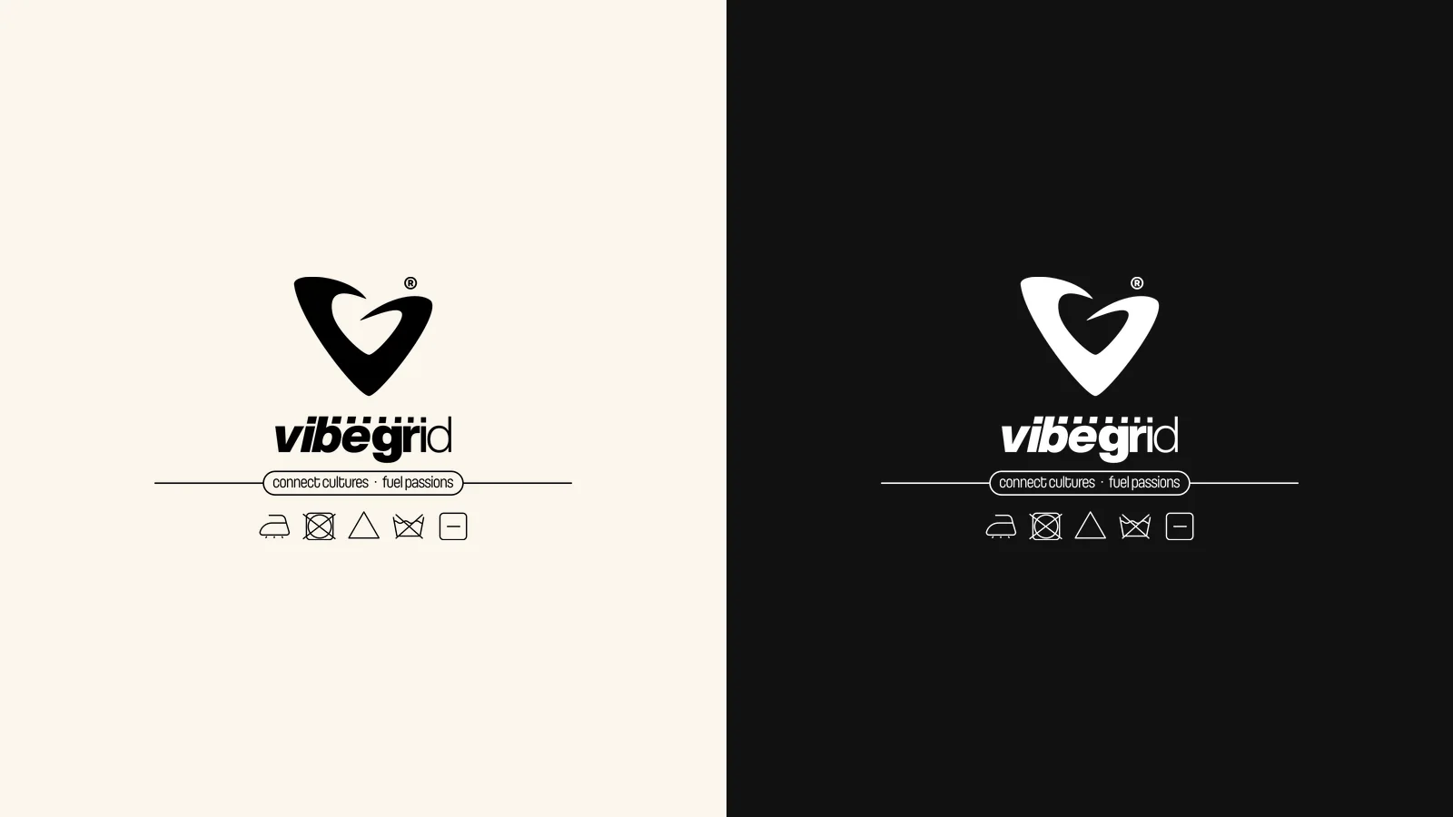 Vibegrid — the neck label: the mark, the name, the line “connect cultures, fuel passions” and the care symbols, in black and in white